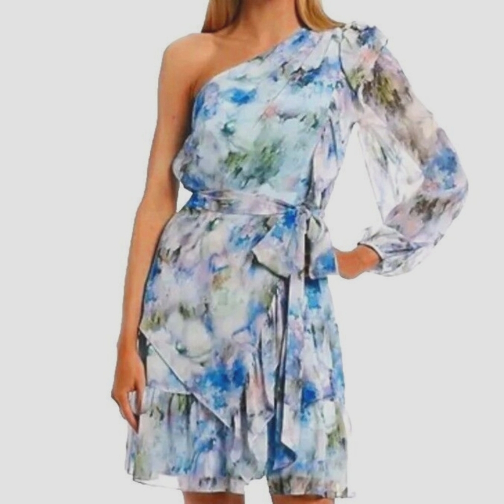 Alex Marie Sophie Floral One Shoulder Pastel Blue Dress Size 8P